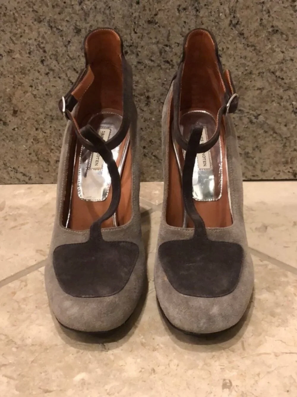 New Dries Van Noten t-strap cutout colorblock suede block heel square toe pump